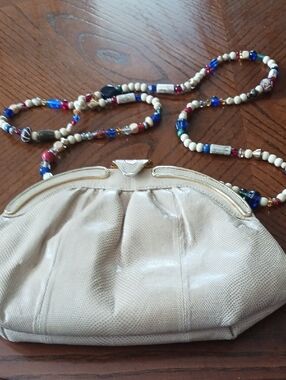 Womens Cream Shoulder Bag with Beaded Strap